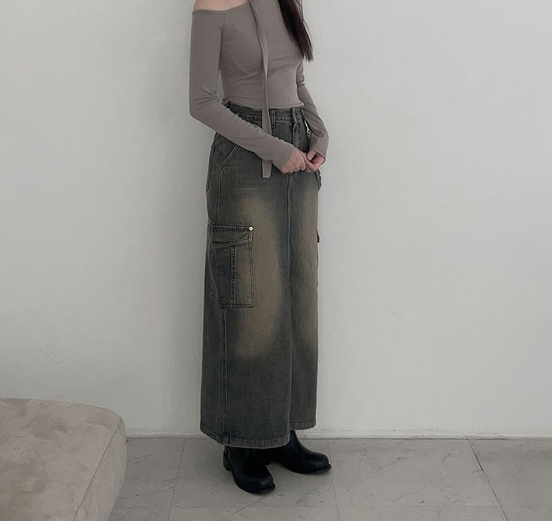 Work Vintage Cargo Denim Maxi Skirt