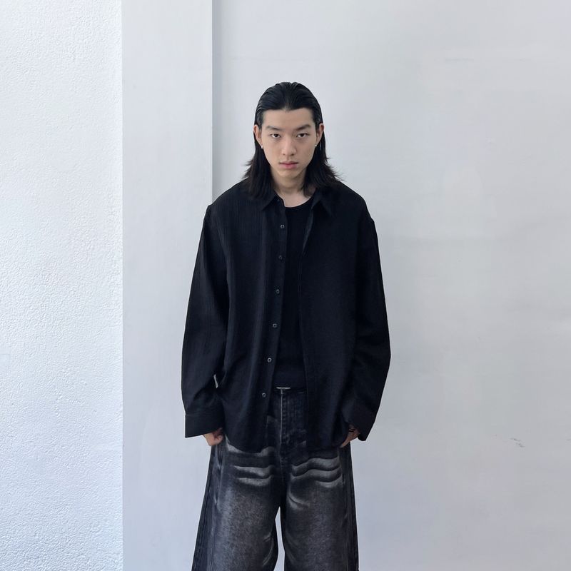 FADE MEET（フェードミート）の「Sheer Stripe Long-Sleeve Shirt（Tops）」