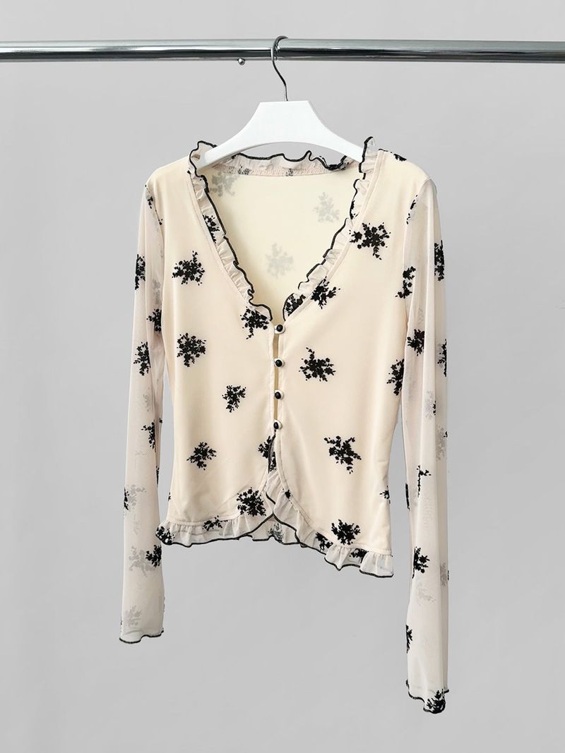 retro floral ruffle long-sleeve blouse