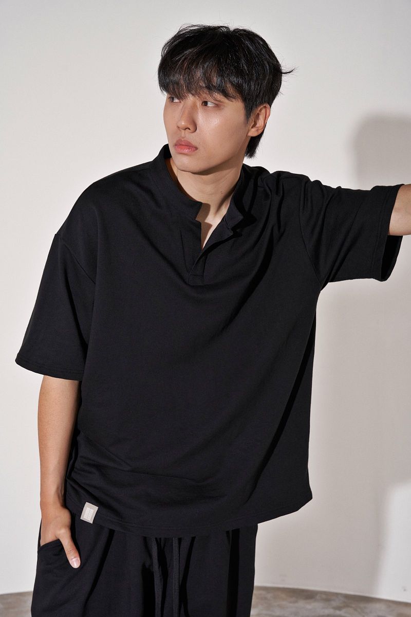 S-C OPEN HENLEY-NECK 1/2 TEE (Black)
