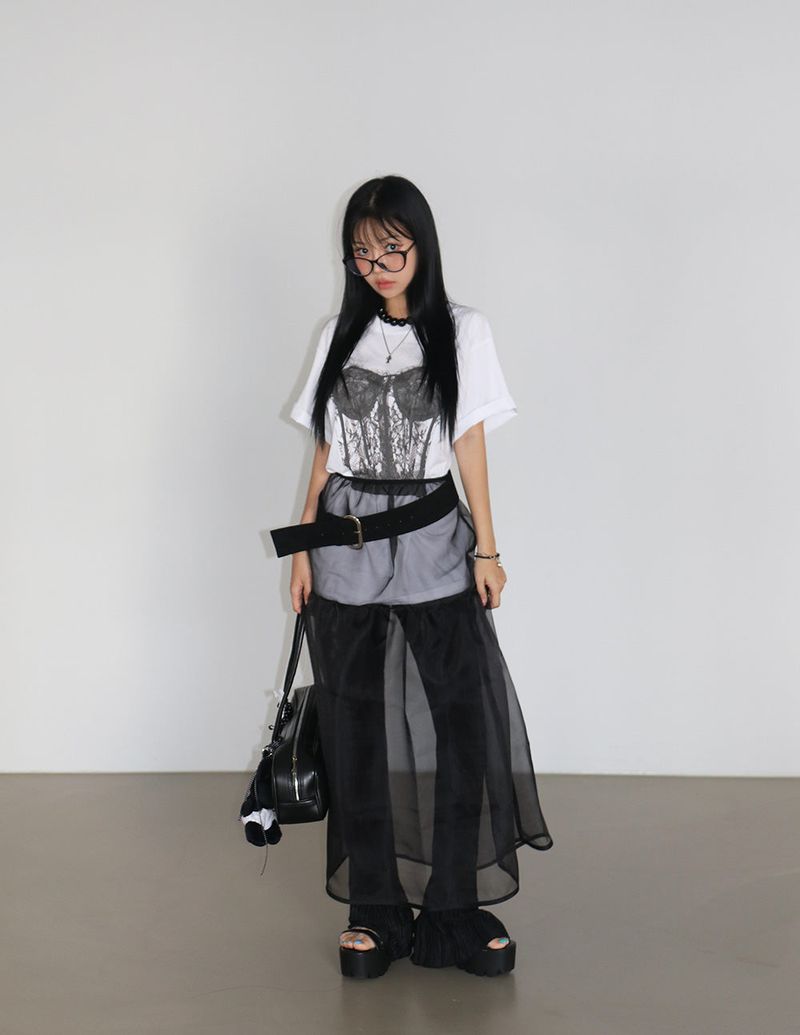 Volume see-through layered long skirt