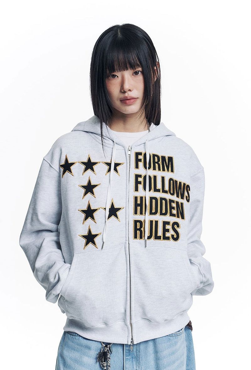 Star Lettering Patch Hoodie Zip-Up - White