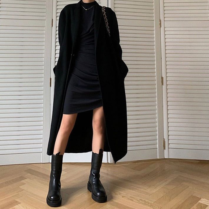 [SALE] Half-turtleneck shirring unbalanced dress