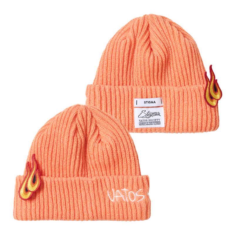 FLAME PATCH EMBROIDERED BEANIE KHAKI/ ORANGE / SKY BLUE /  BLACK