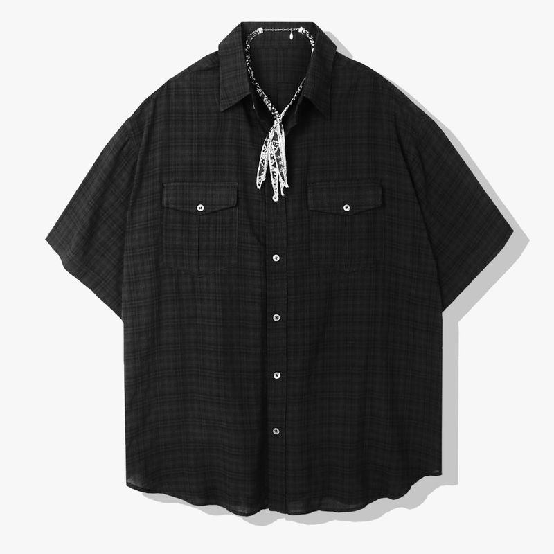 S SY（エスエスワイ）の「[bandana necklace set] washed check linen 2 pocket half shirt black（Tops）」