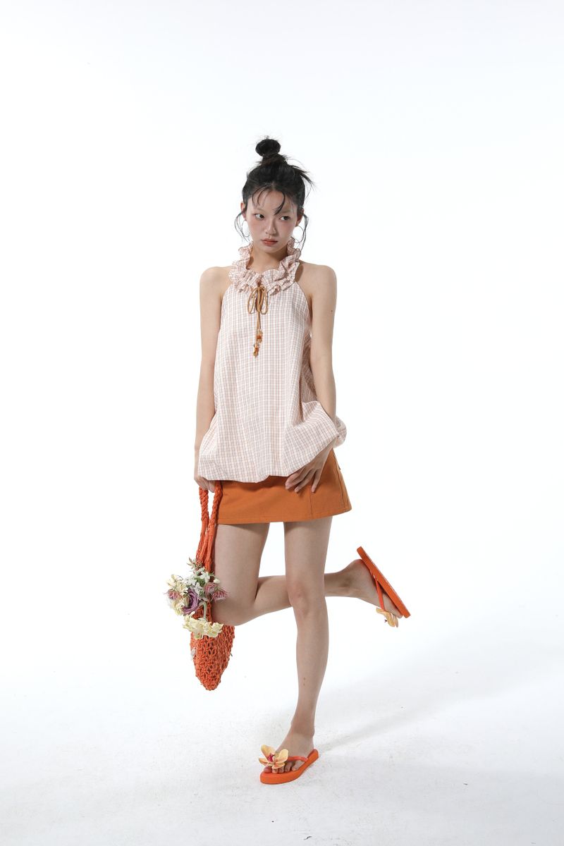 Summon Oak Checkered Halter Strap Tank Top Women's 2025 Summer New Flower Bud Bubble Loose Backless Top