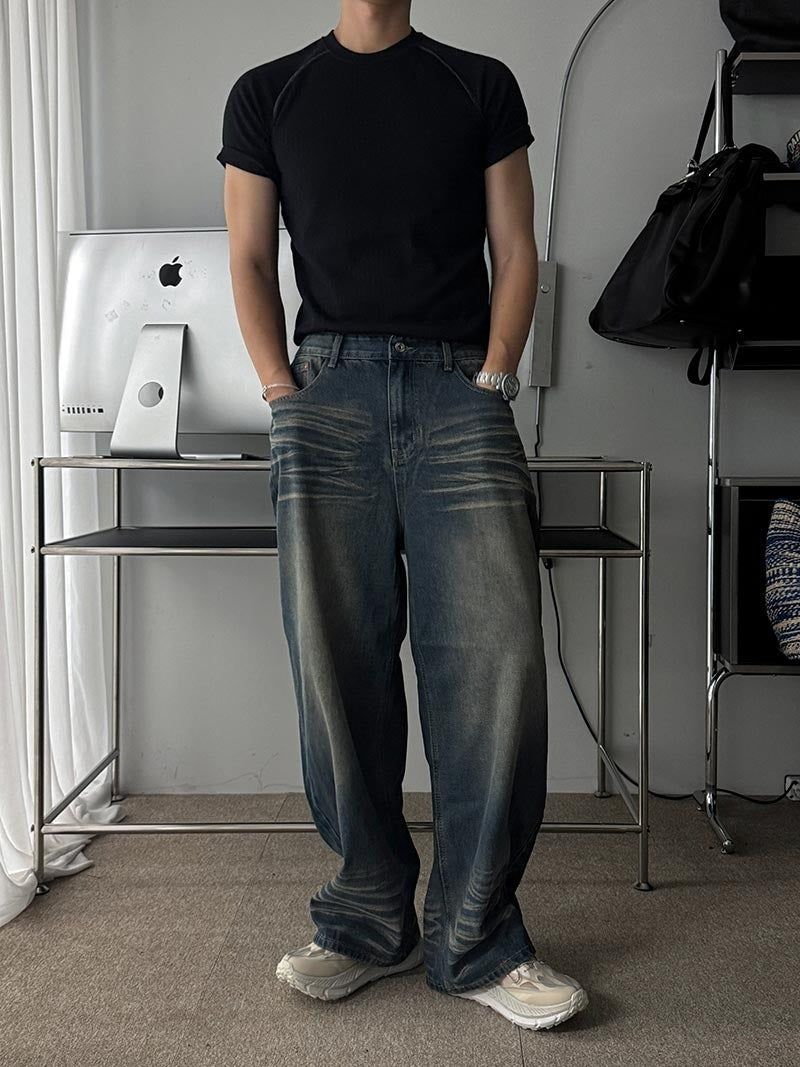 ASCLO（エジュクロ）の「ASCLO グッドバリューテックウォッシュカーブデニムパンツ (2color)（パンツ）」