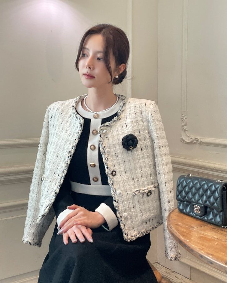 Tiang Round Color Matching Tweed Jacket (Brooch Set)