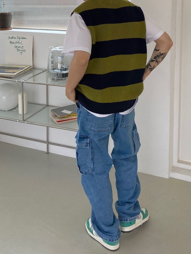 Stripe round neck knit vest 2C