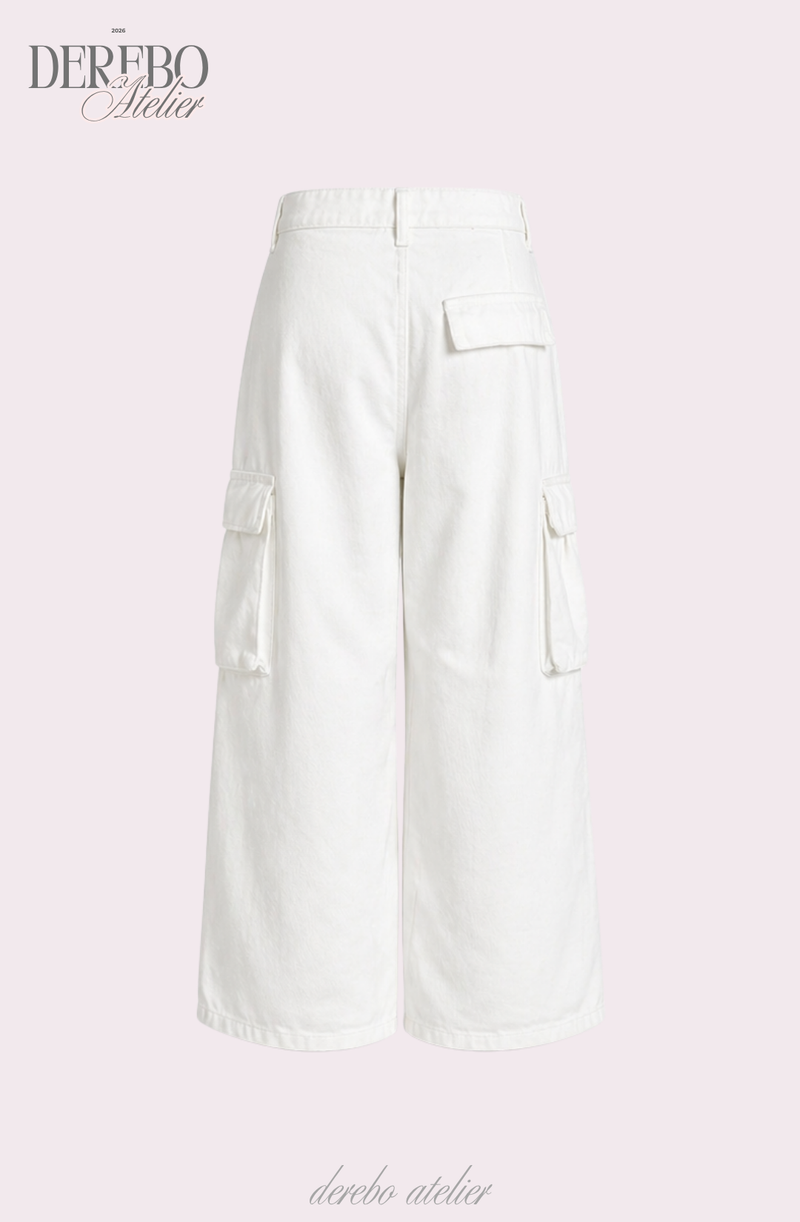white wide pocket cotton casual pants