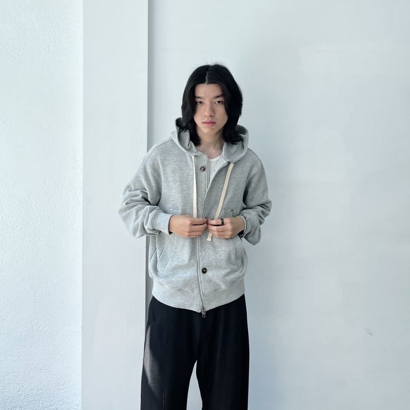 Button Detail Thick Drawstring Zip Hoodie