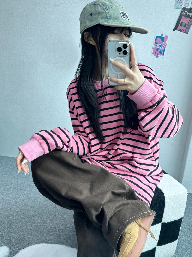 OVERFIT STRIPED ROUND BOX T🩶🖤🩷💙 - 4 COLORS