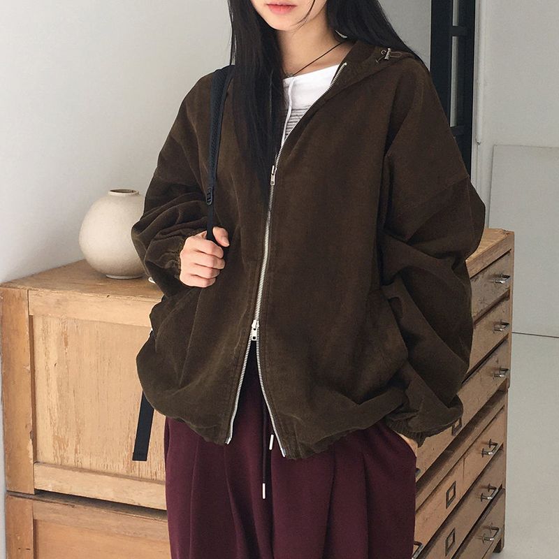 Sithern Corduroy Two-Way Hooded Zip-Up Jacket