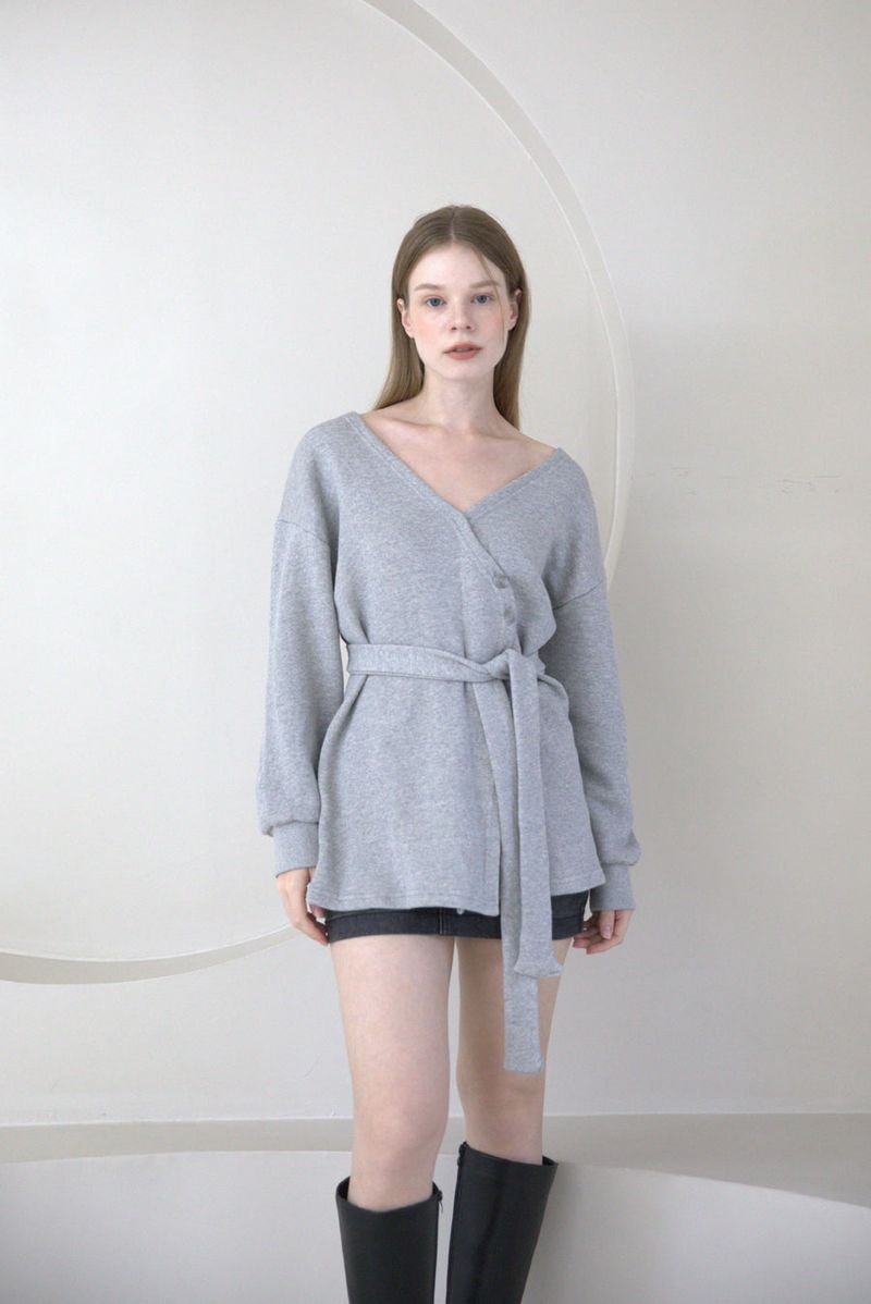 Offshoulder Wrap Strap Cardigan Gray