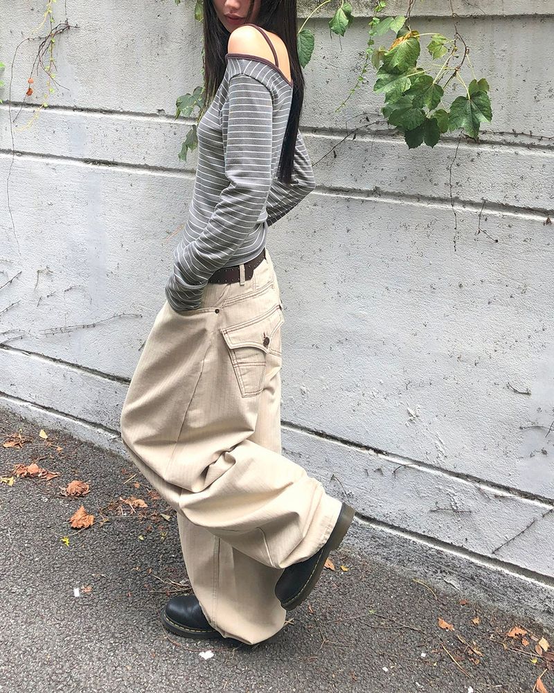 Cookit Stripe Slit Balloon Fit Wide Cotton Long Pants