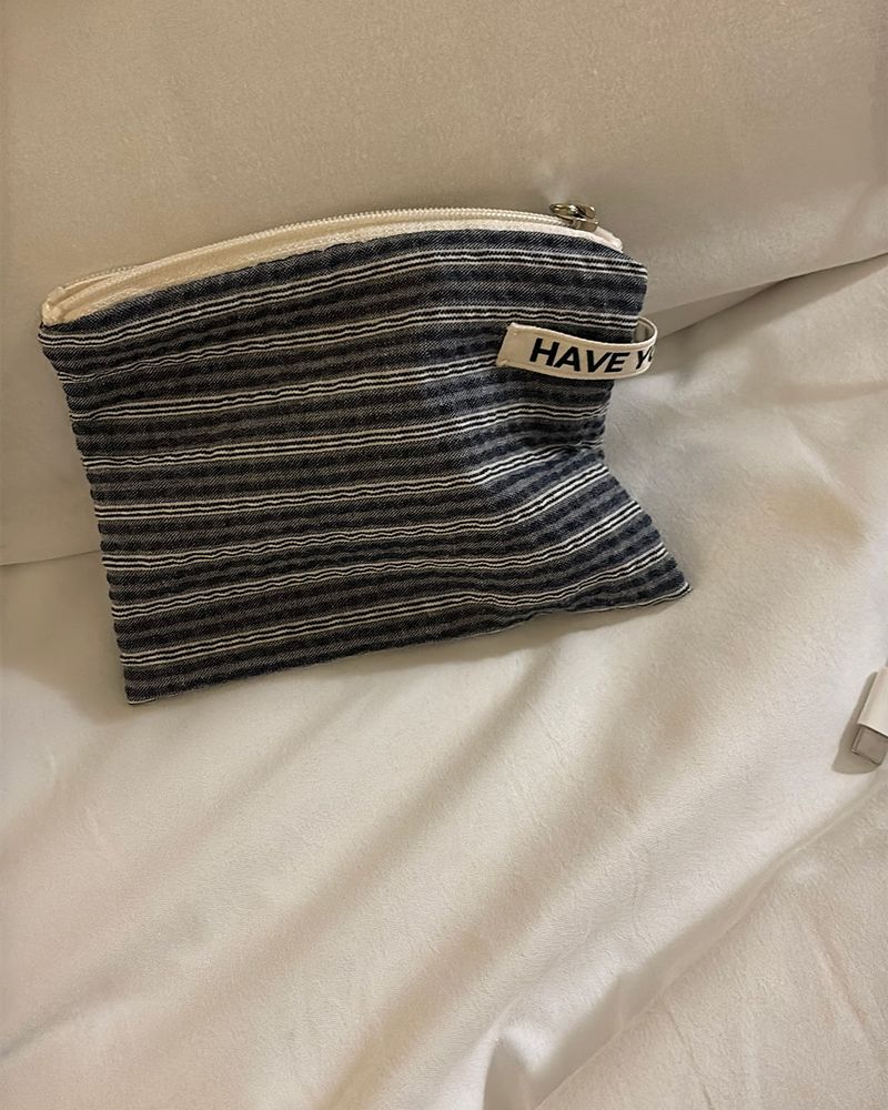Plain stripe flat pouch - deep blue , S size