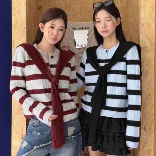 Striped Knit Cardigan with Matching Shawl