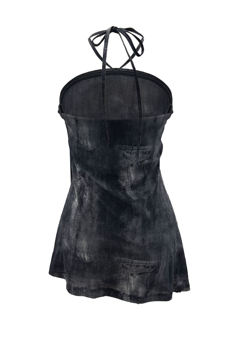 POCKET PRINTING HALTERNECK DRESS / BLACK
