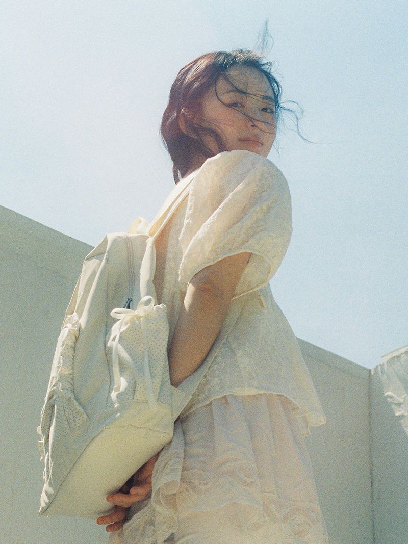 Ruffle ribbon backpack_polka dot ivory