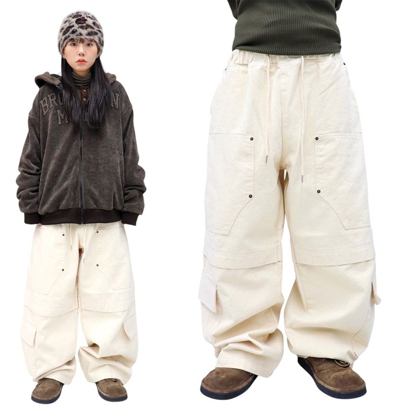 Wide Peach-Finish Double-Knee Balloon Pants