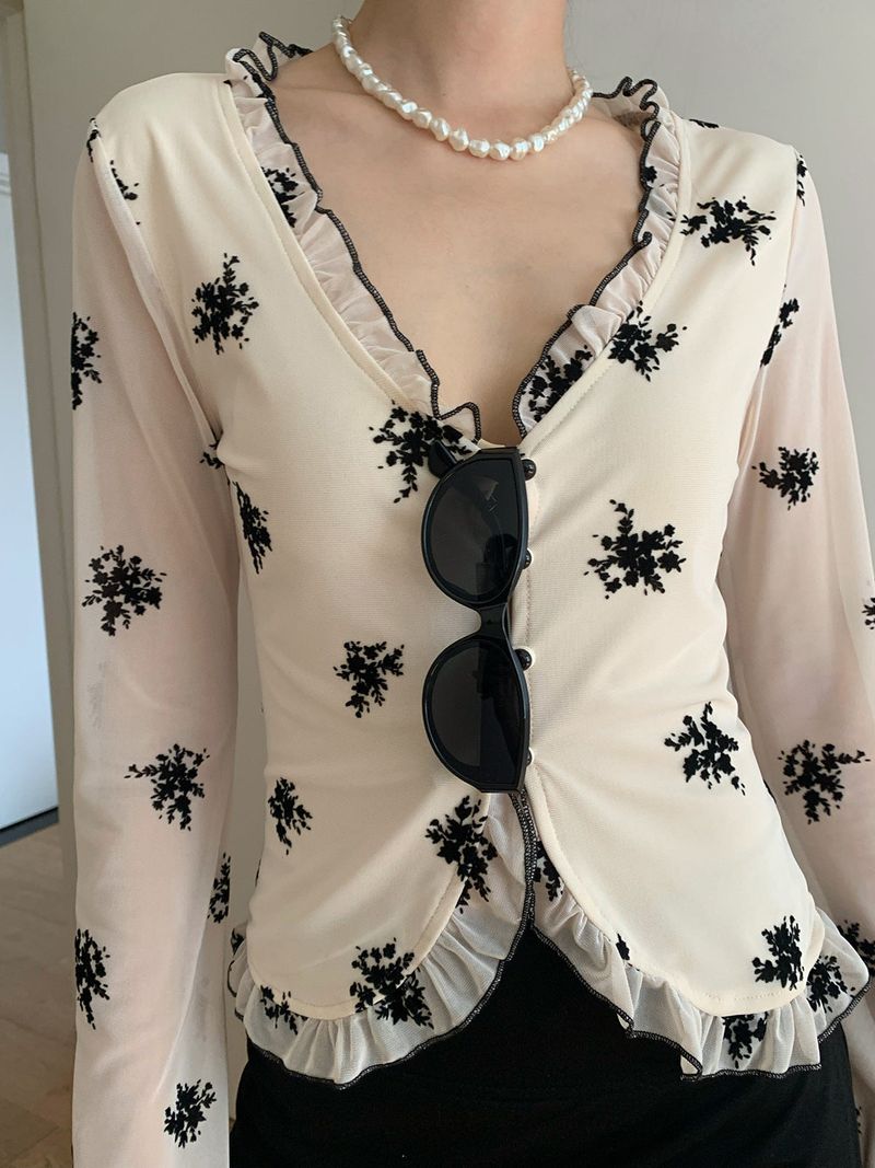retro floral ruffle long-sleeve blouse