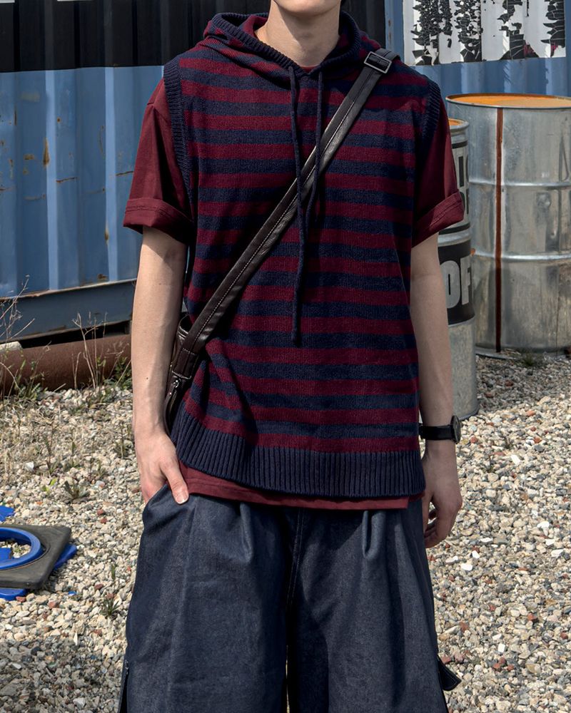 Broad Stripe Knit Hoodie Vest