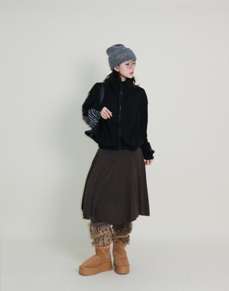 Hakata Stripe Coloring String Knitwear Zip-Up