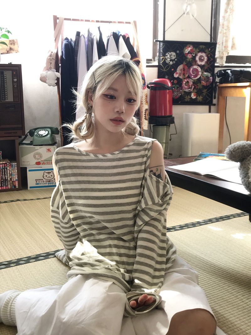 shoulder slit loose stripe long sleeve