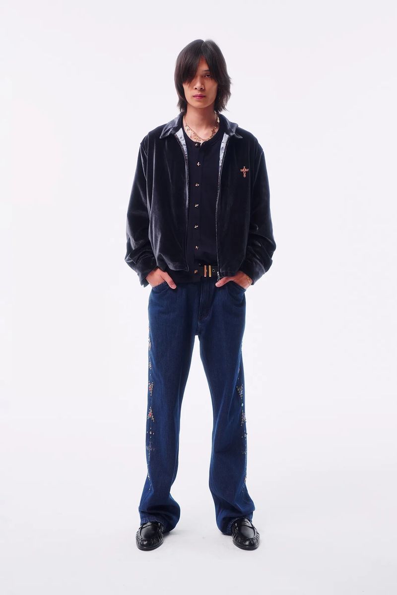 TOTEM RIVET FLOCKED DENIM PATCH STRAIGHT TAILORED JEANS