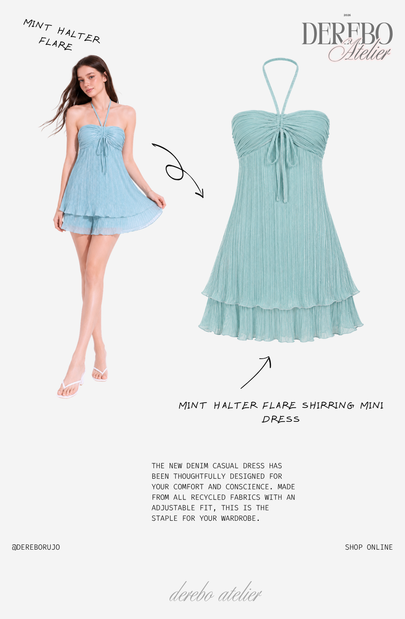 Mint Halter Flare Shirring Mini Dress