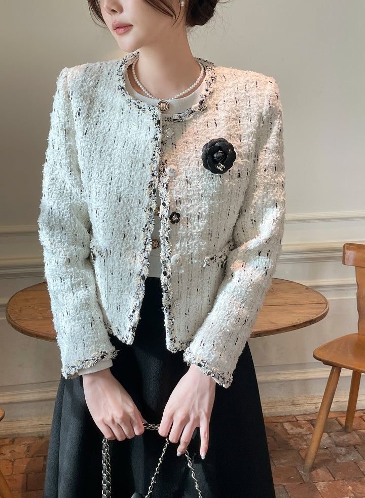 Tiang Round Color Matching Tweed Jacket (Brooch Set)