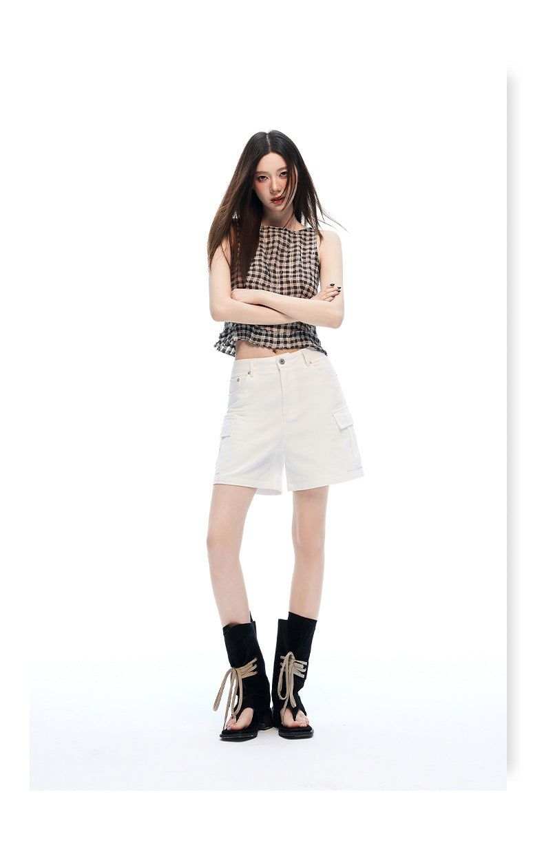 Mid Rise White Cargo Wide Leg Bermuda Shorts