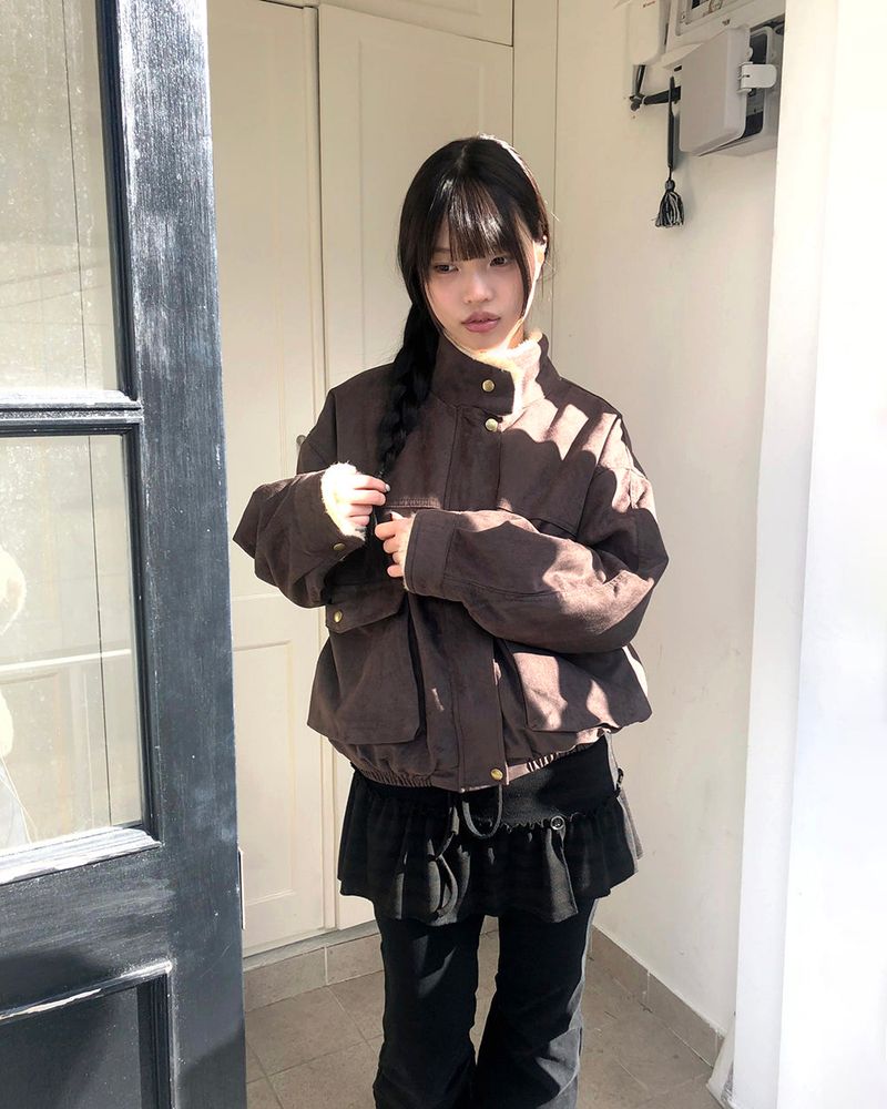 Rasi High-neck fur-lined zip-up Suede Shearling jacket