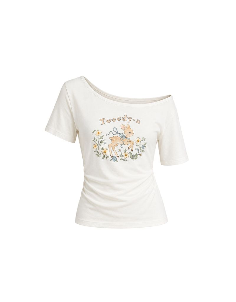 ダイアサマーヴィンテージグラフィックシャーリングワンショルダーTシャツ アイボリー
