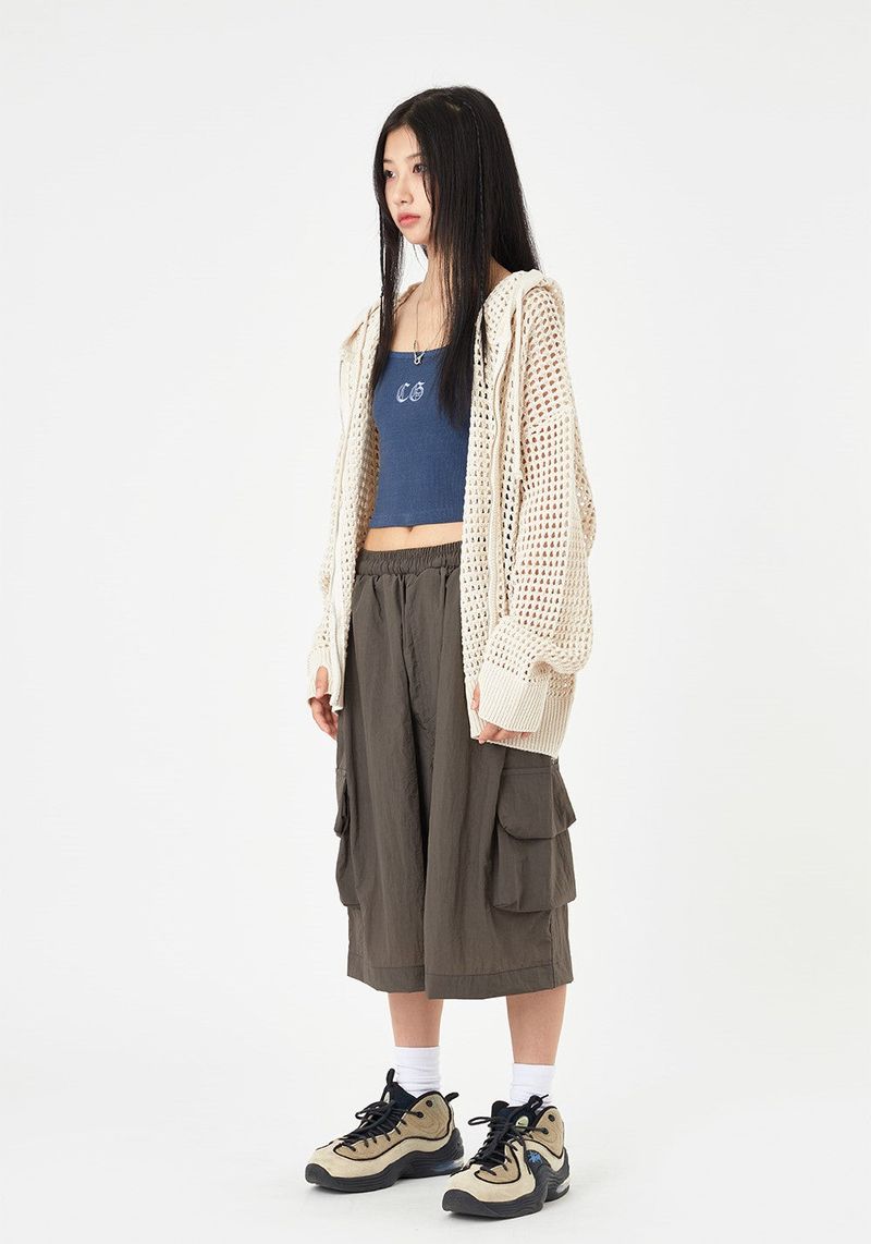 Mesh summer 2-way knit hood zip-up