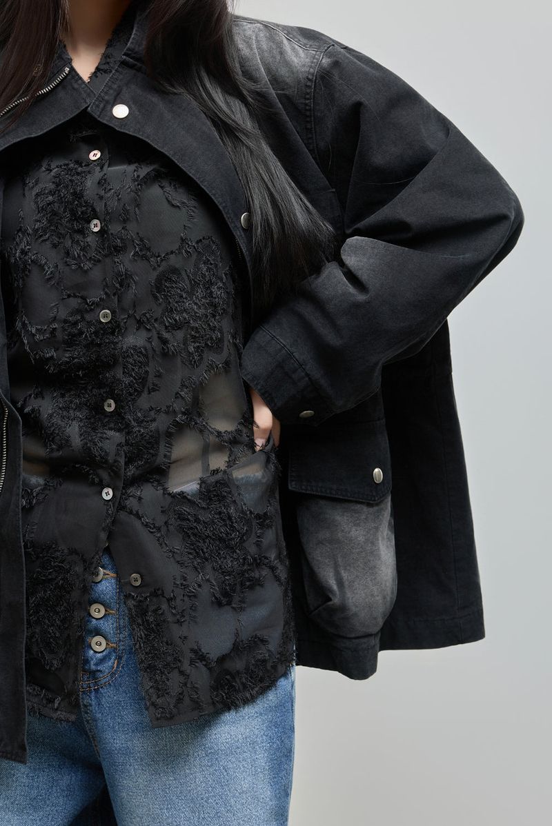Feather Lace Overfit Shirt_Black
