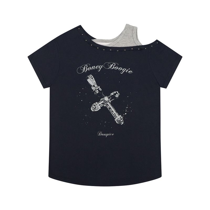 (DUC) BB Layered One-Shoulder T-Shirt Dark Navy