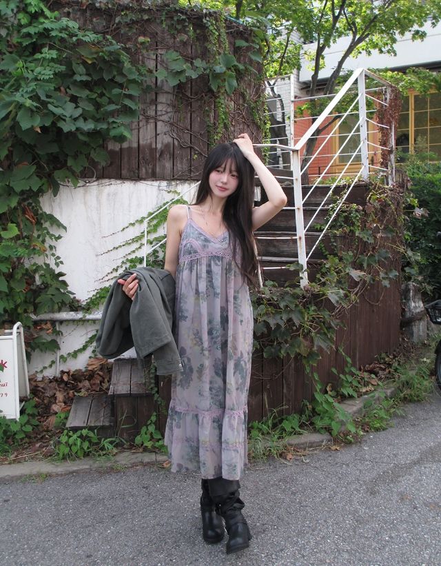 Misty Mauve Flower Chiffon Long One Piece