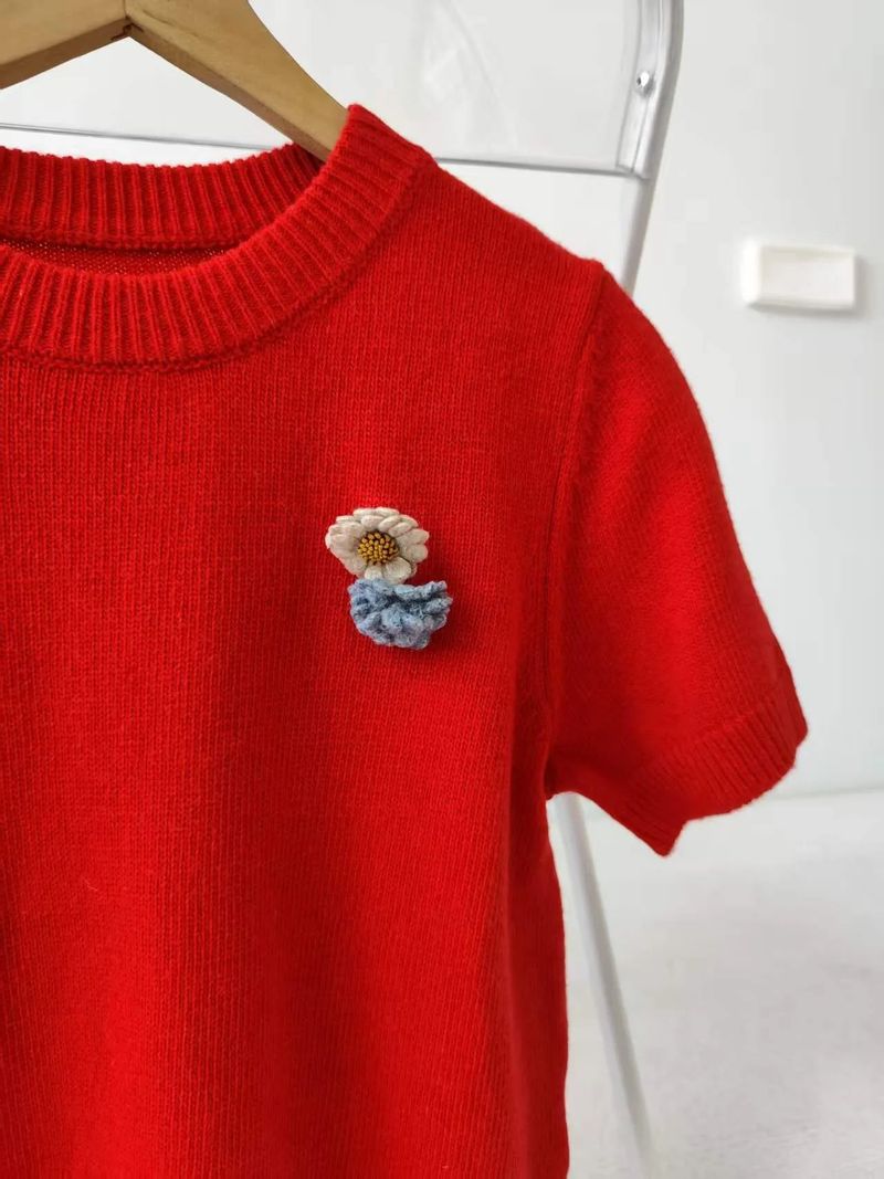 [1+1 Special] Tours Flower Decor Round Neck Wool Short Sleeve Knit