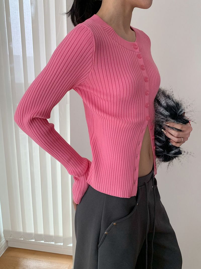 Color Round Neck Ribbed Button Cardigan