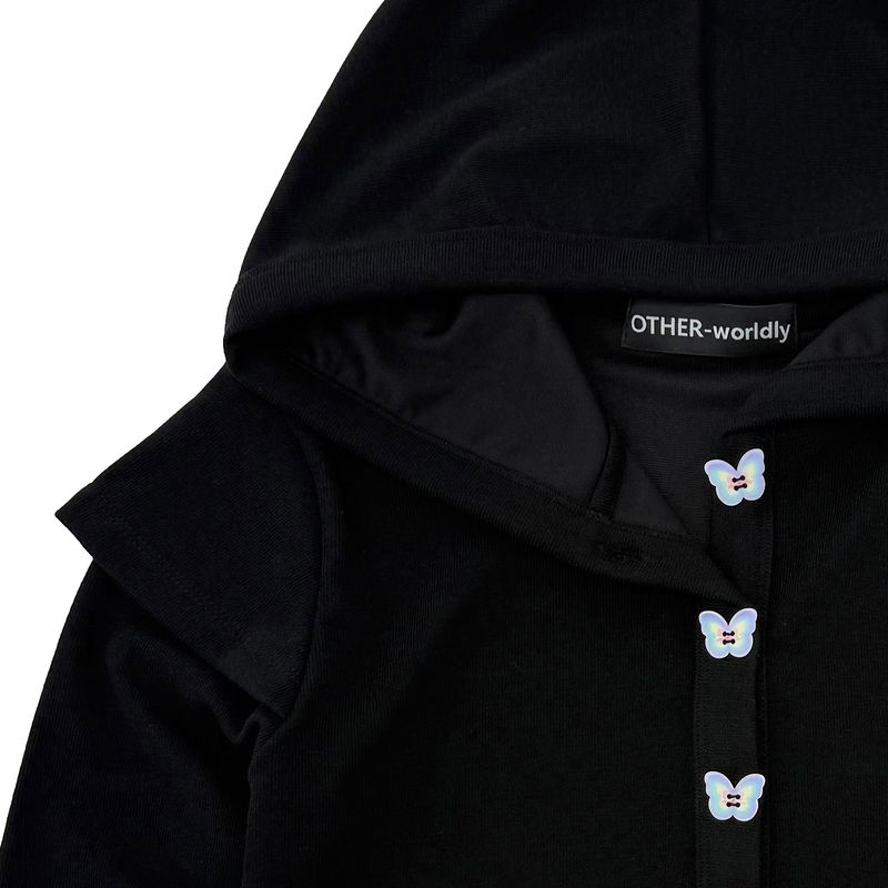 Cap Sleeve Hooded Cardigan [Black]