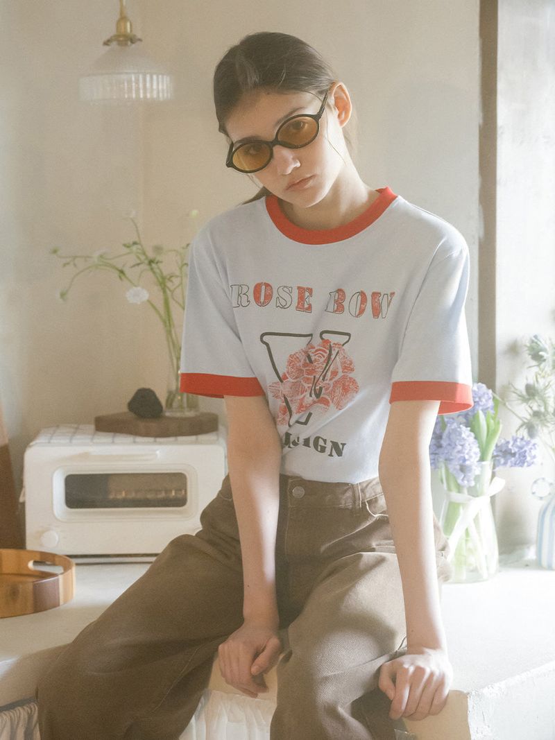 Rose Bow Ringer T-shirt (3C) Light Blue