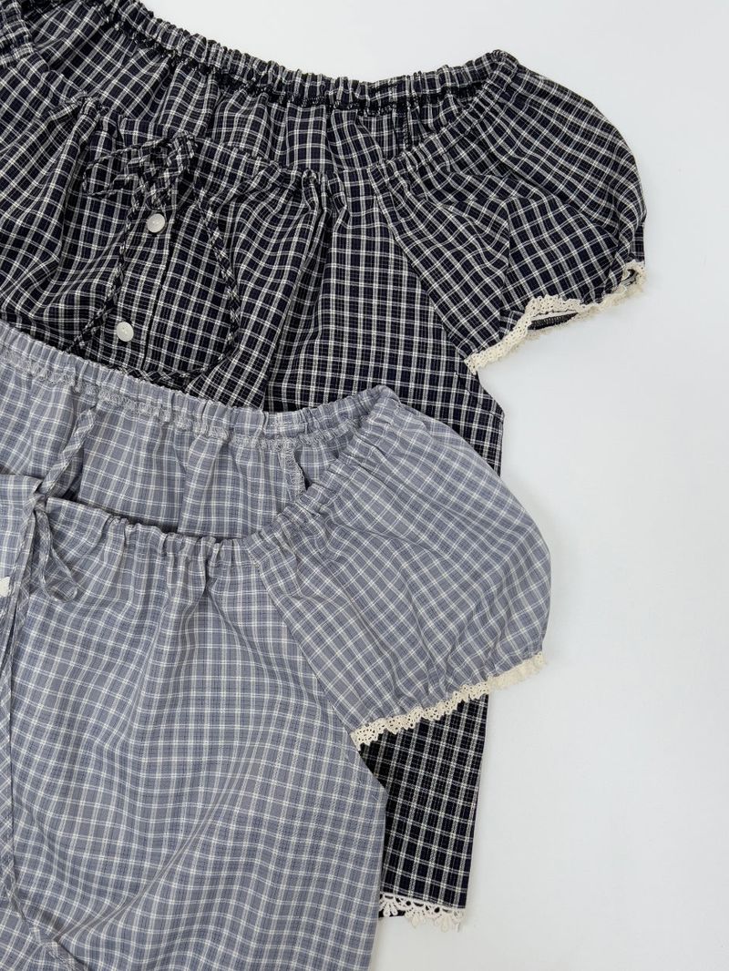 Lace Check Cap Sleeve Blouse