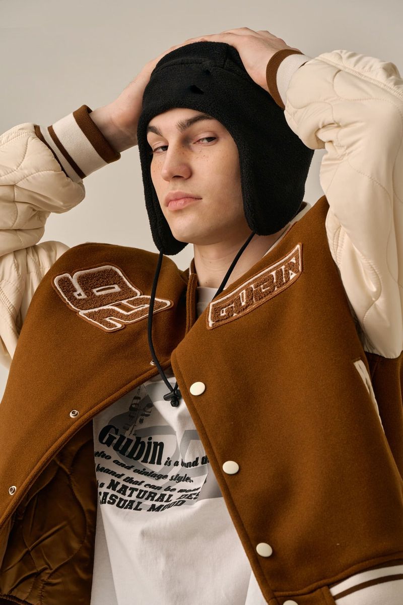 QUILTING POINT VARSITY JACKET - BROWN
