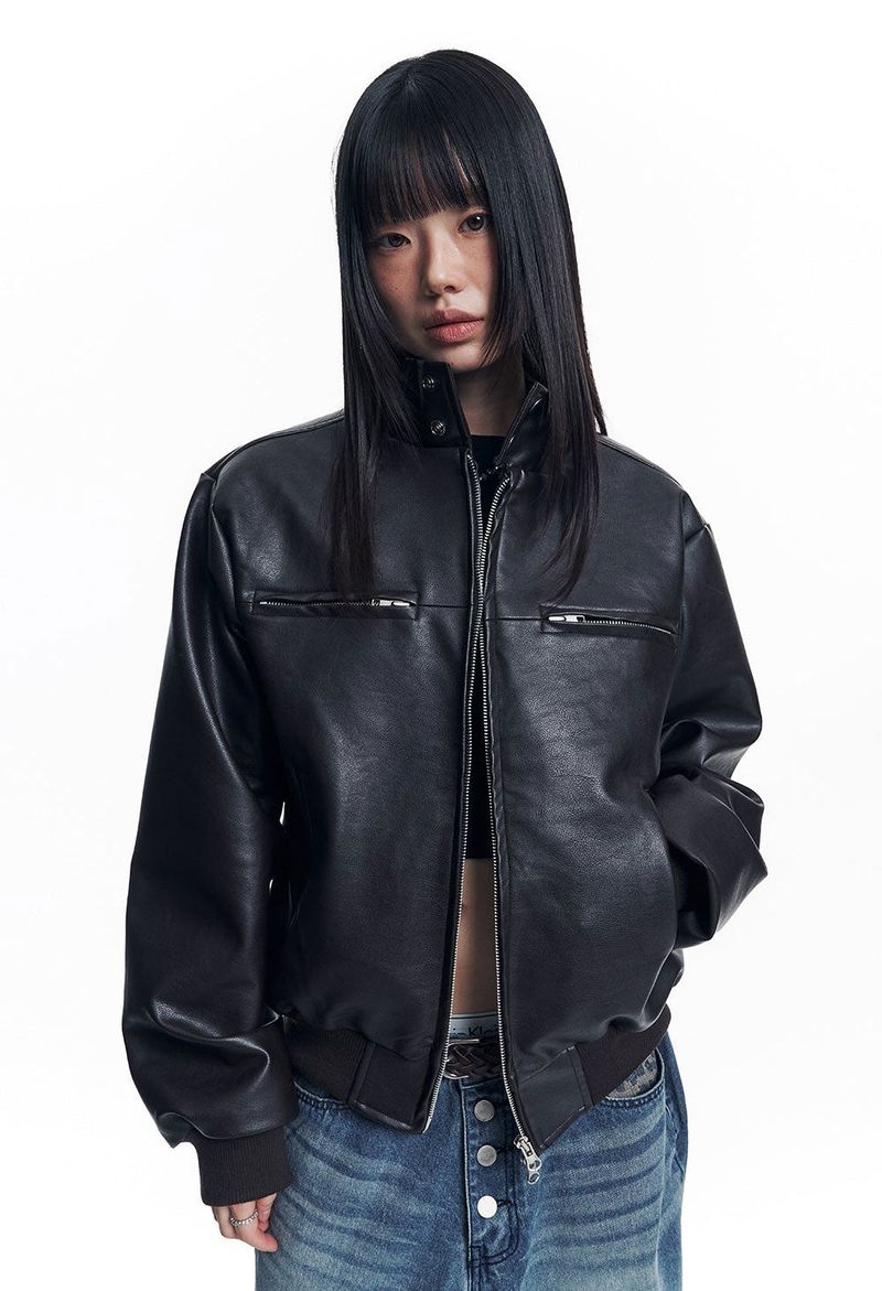 High Neck Leather Crop Jacket - Brown