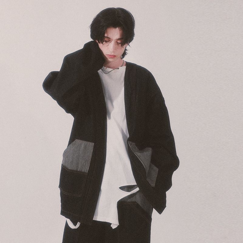 stripe patch denim cardigan_black