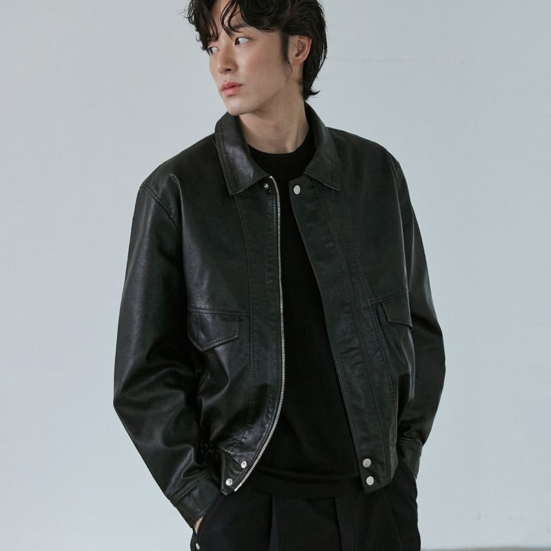 Q's(キューズ)の「Washed Faux Leather Blouson (Dark Brown)(Jackets/Outerwear)」