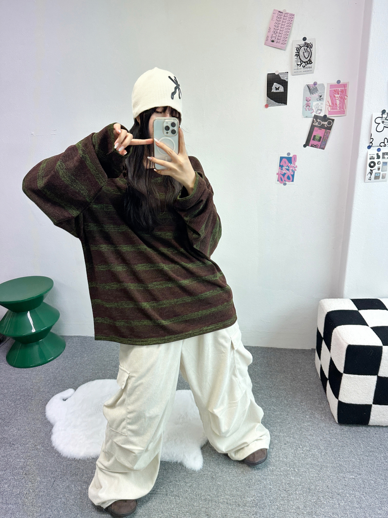 SHOULDER SNAP WARMER POINT STRIPED KNIT🤎🖤🧸 - 2 COLORS