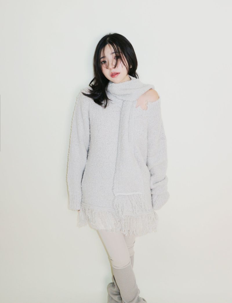 Puddle Demoor Tester Damage Long-Sleeved Knitwear Dress (Muffler Set)