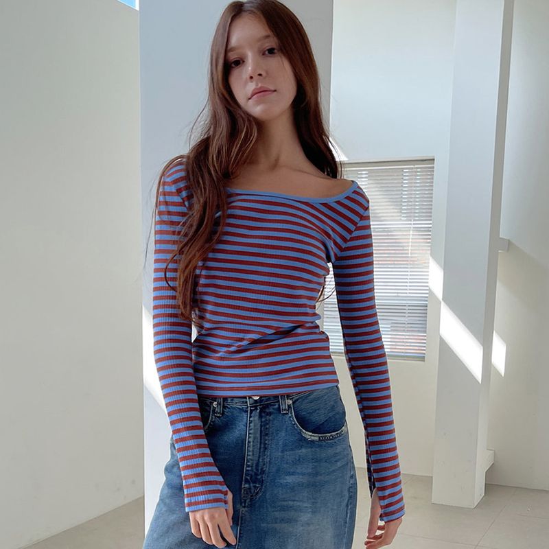 RAVEROUS（レイバロス）の「Stripe Scoop Neck T/Shits_Blue（Tops）」